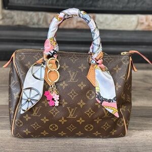Louis Vuitton Speedy 25 Brown Monogram Satchel with Pink Scarf and Charm